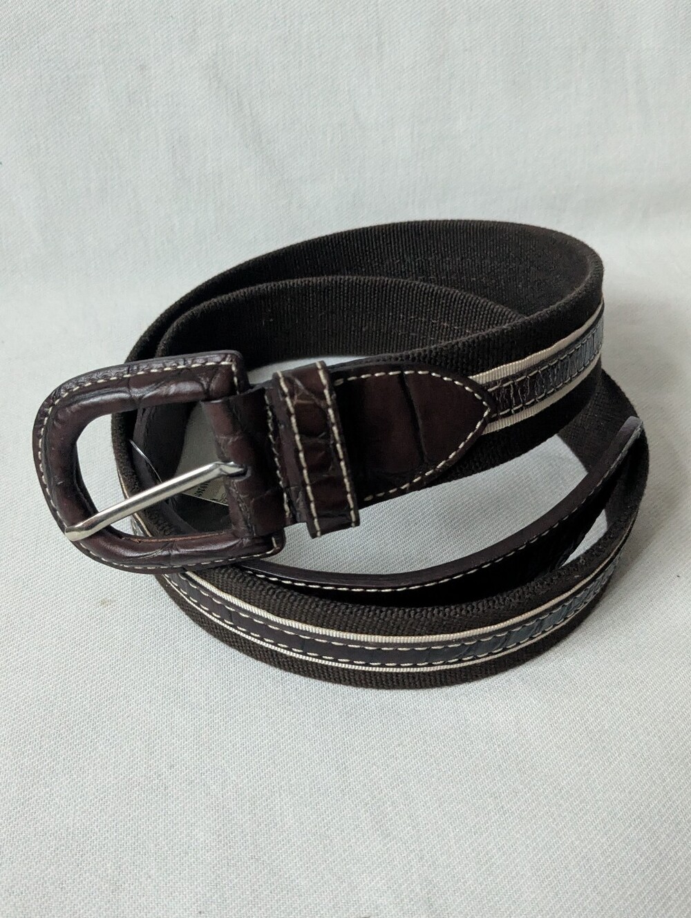 Paul Stuart Men's `Brown Leather And Canvas Belt with White Stitching Size 36